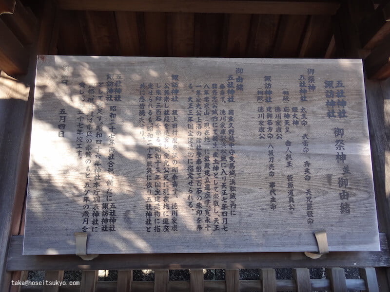 五社神社・諏訪神社｜案内看板『五社神社　諏訪神社　御祭神並御由緒』